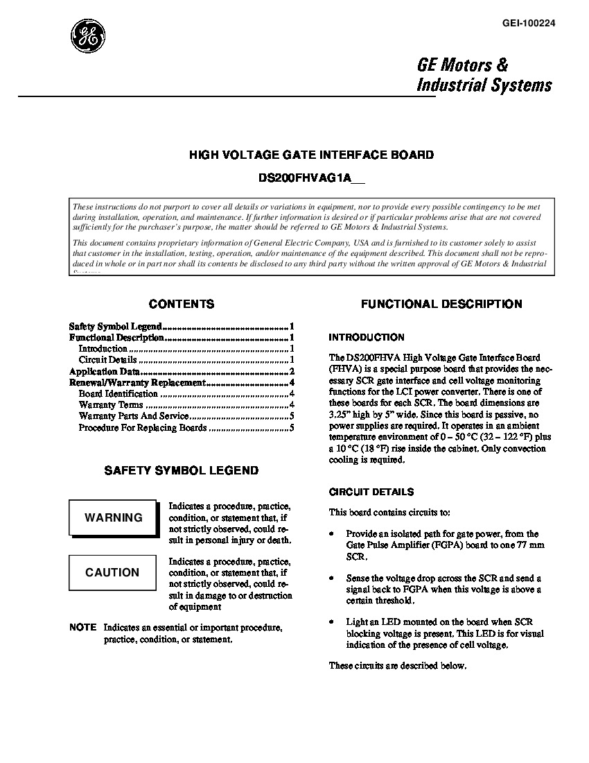 First Page Image of DS200FHVAG1A GEI-100224 High Voltage Gate Interface Board Users Guide.pdf